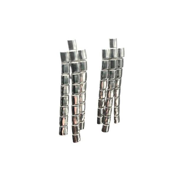 Unique Blocky Silver Tassel Earrings, Screw Back Fringe, Chunky Articulated - Picture 2 of 5